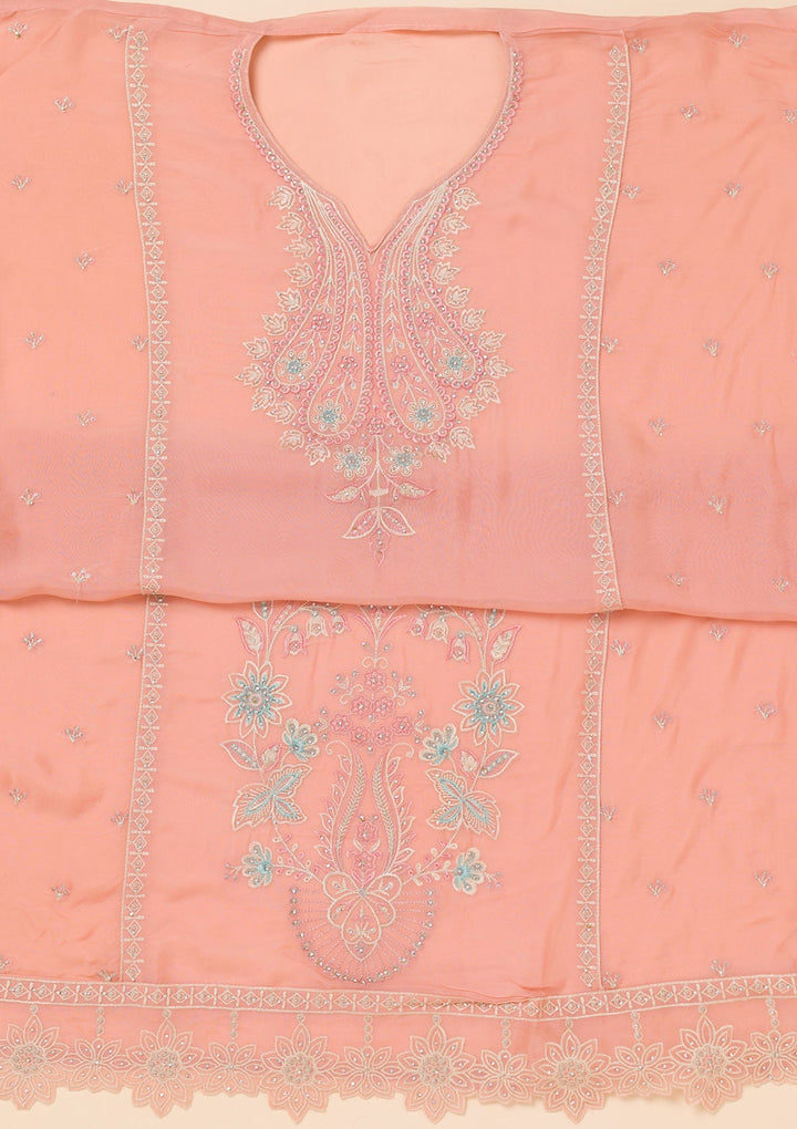 Peach Threadwork Organza Unstitched Salwar Suit-Koskii