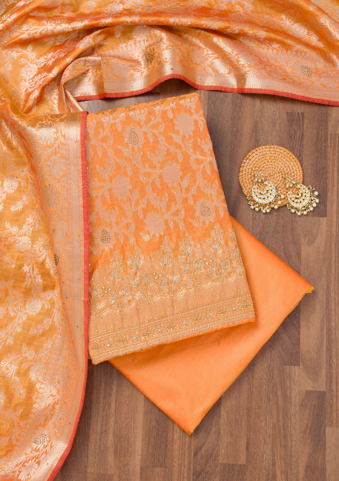 Orange Zariwork Banarasi Unstitched Salwar Suit-Koskii