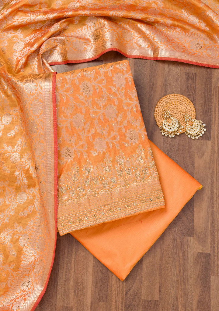 Orange Zariwork Banarasi Unstitched Salwar Suit-Koskii