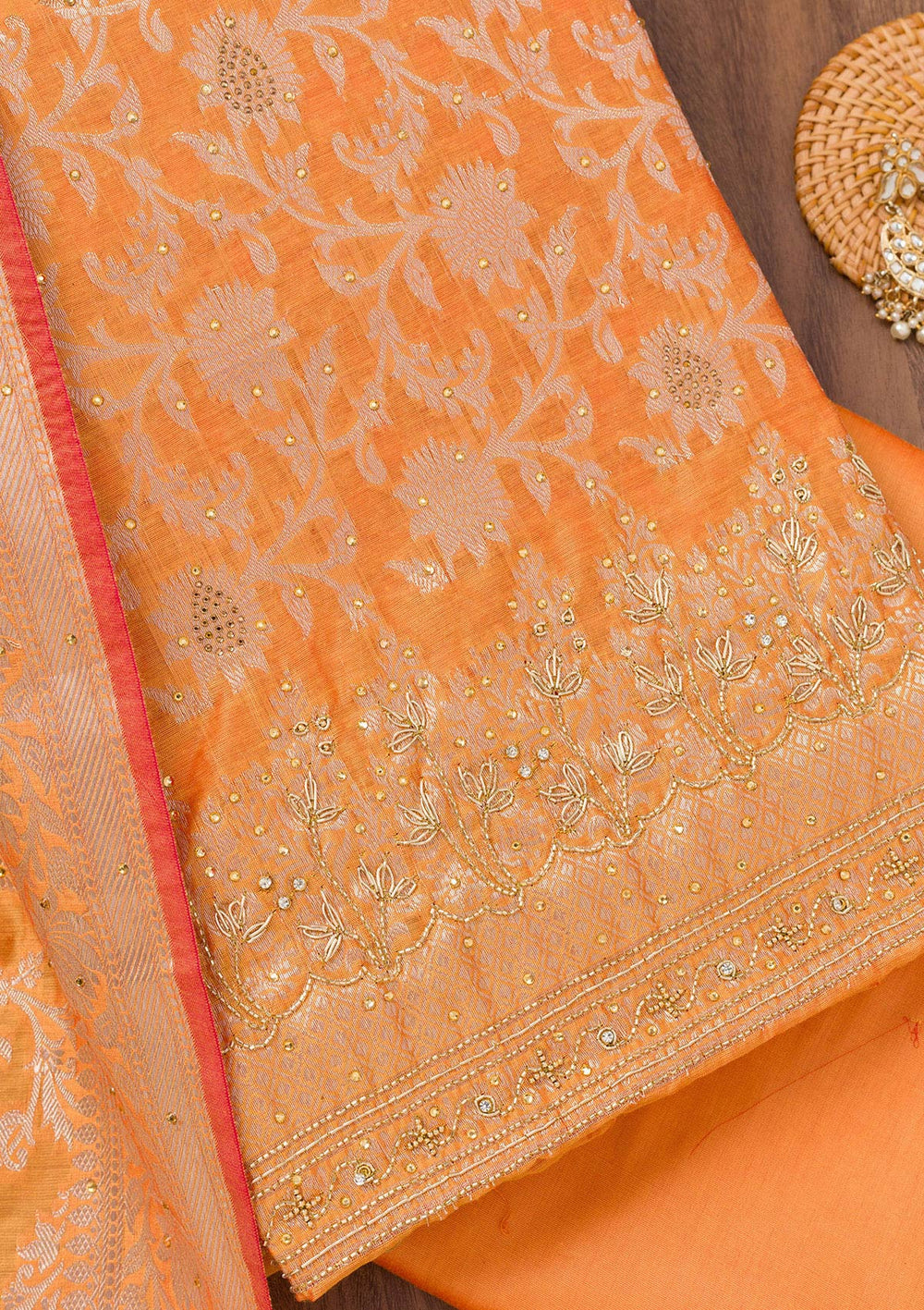 Orange Zariwork Banarasi Unstitched Salwar Suit-Koskii