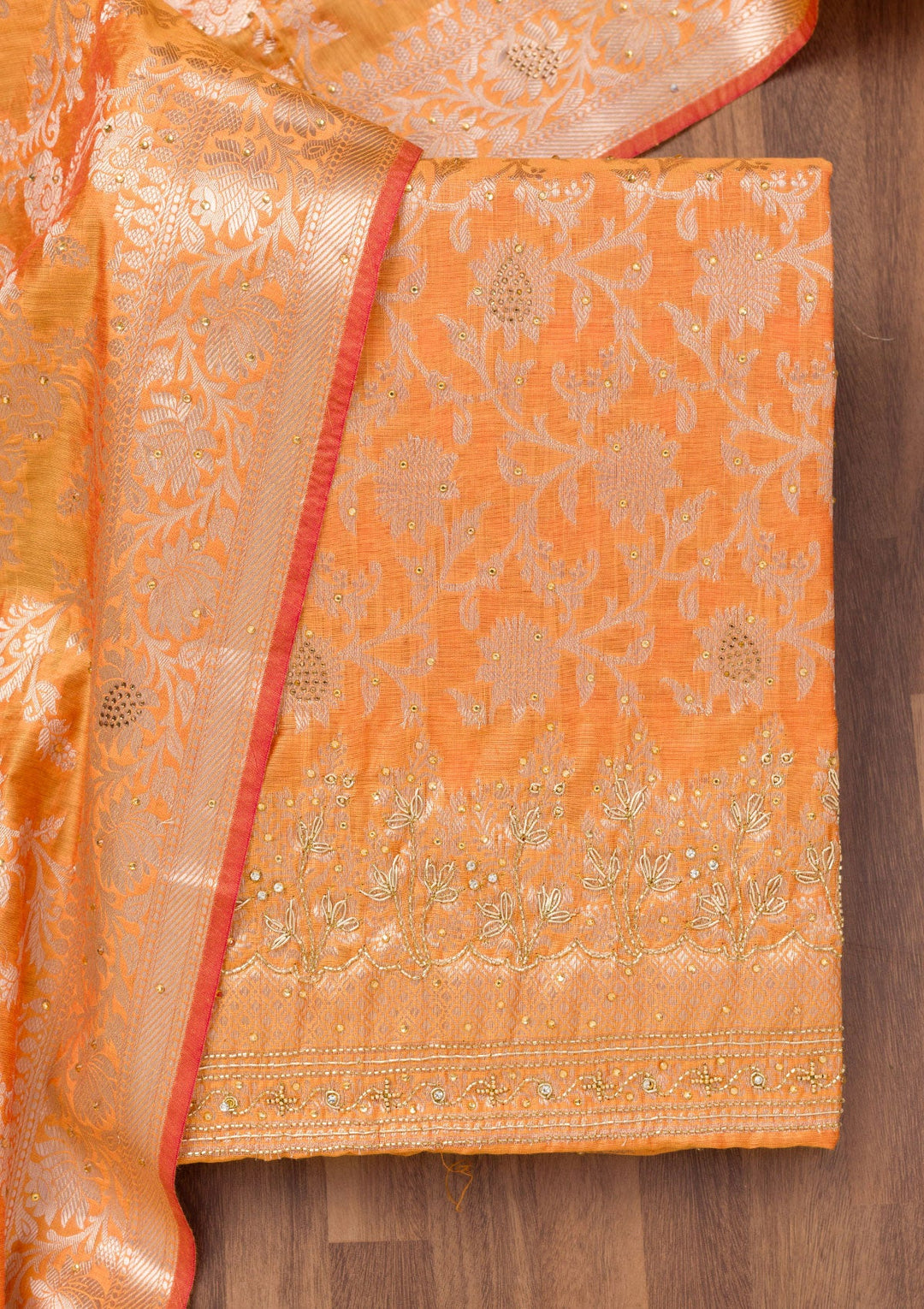 Orange Zariwork Banarasi Unstitched Salwar Suit-Koskii