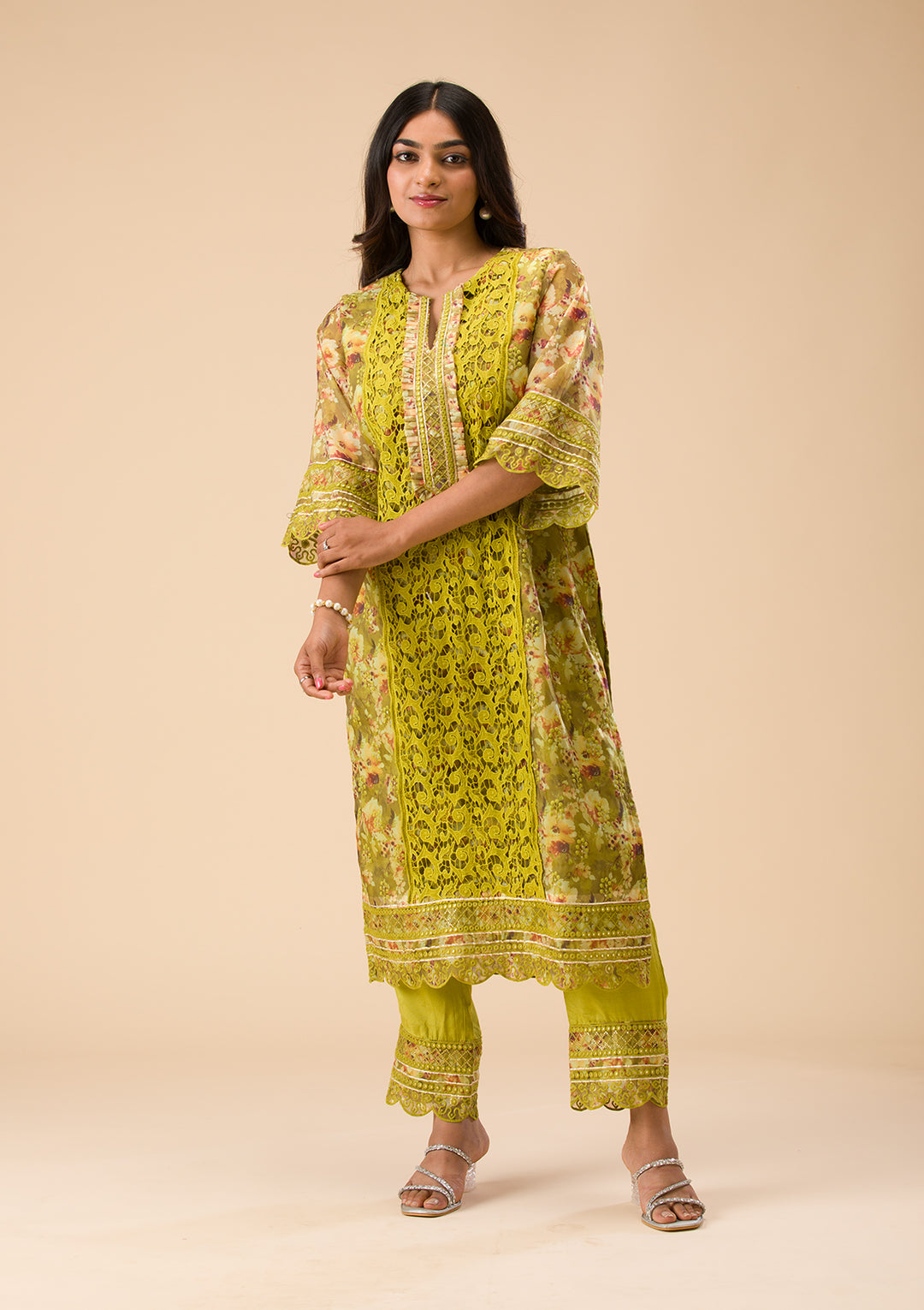 Parrot Green Printed Organza Unstitched Salwar Suit