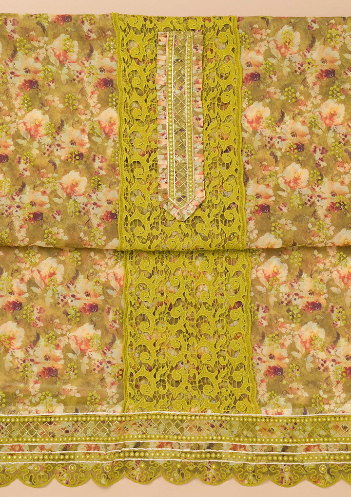 Parrot Green Printed Organza Unstitched Salwar Kameez-Koskii