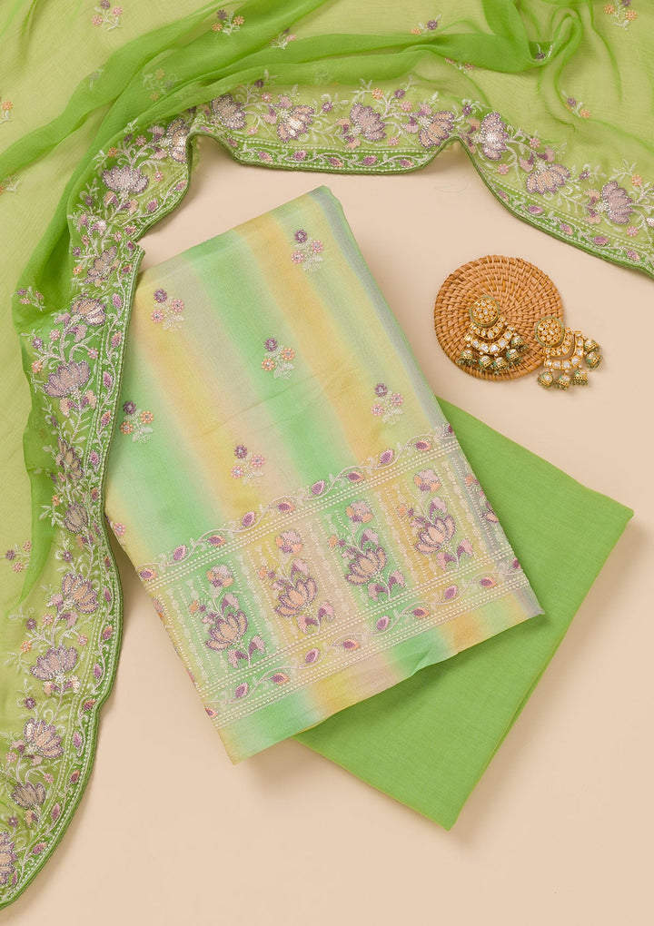 Parrot Green Threadwork Chiffon Unstitched Salwar Suit-Koskii