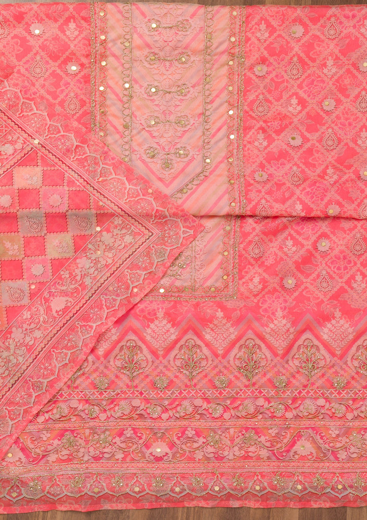 Peach Printed Chanderi Unstitched Salwar Suit-Koskii