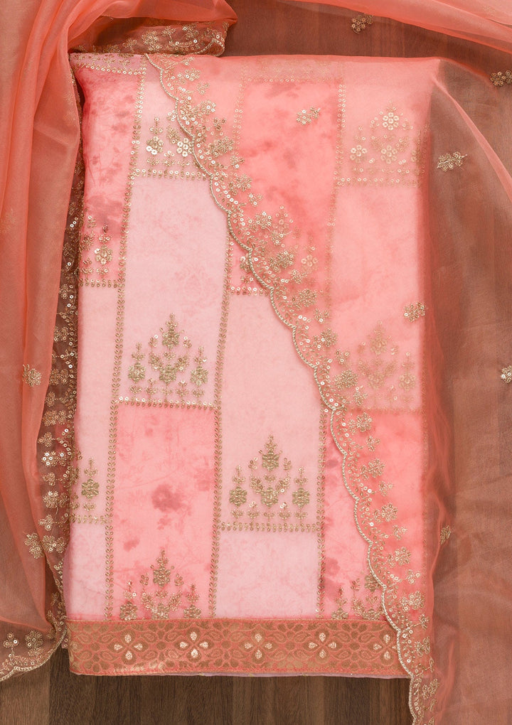 Peach Sequins Organza Unstitched Salwar Suit-Koskii