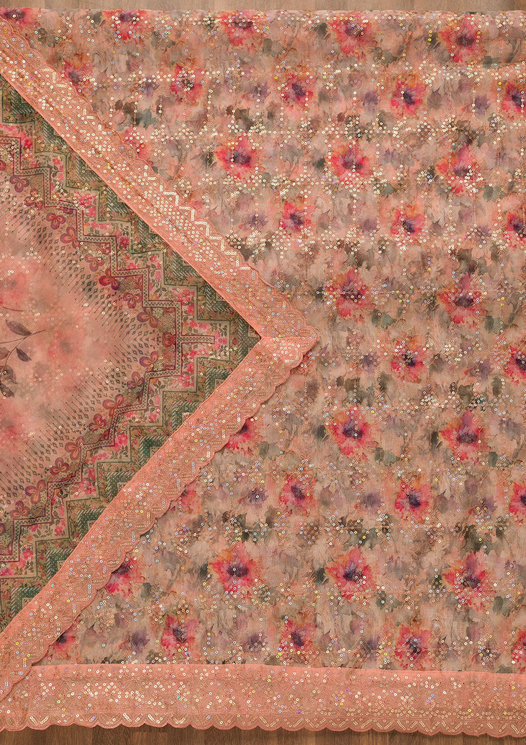 Peach Sequins Tissue Unstitched Salwar Suit-Koskii