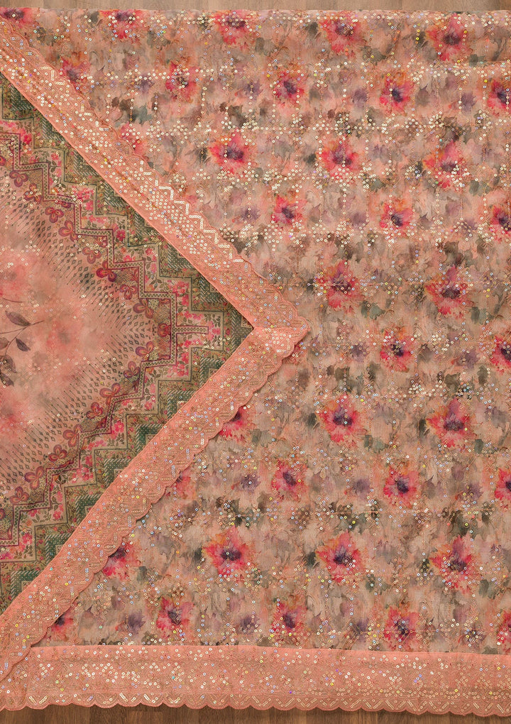 Peach Sequins Tissue Unstitched Salwar Suit-Koskii