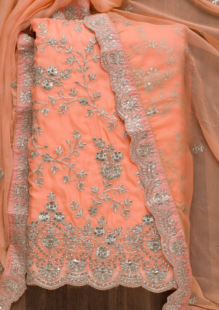Peach Silver Zariwork Tissue Unstitched Salwar Suit-Koskii