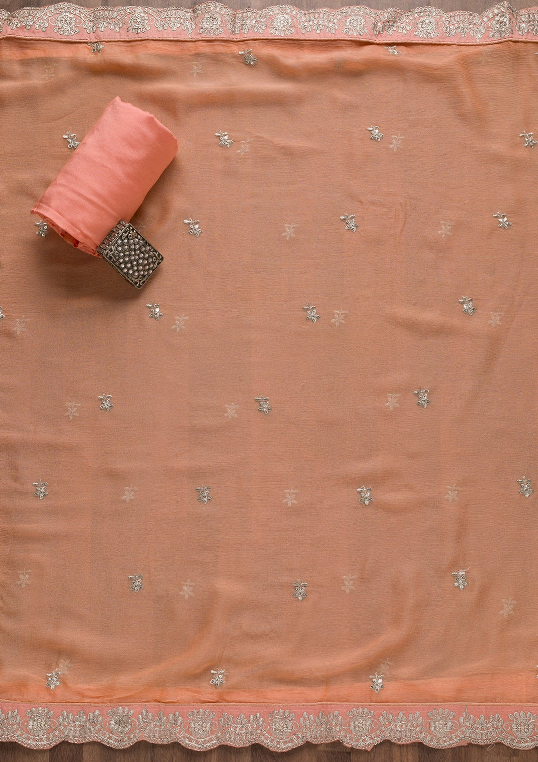 Peach Silver Zariwork Tissue Unstitched Salwar Suit-Koskii