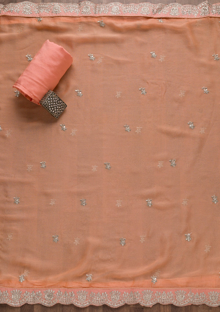 Peach Silver Zariwork Tissue Unstitched Salwar Suit-Koskii