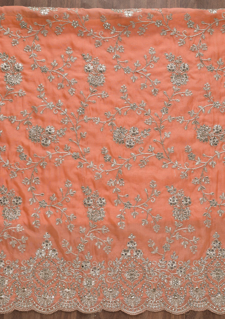 Peach Silver Zariwork Tissue Unstitched Salwar Suit-Koskii