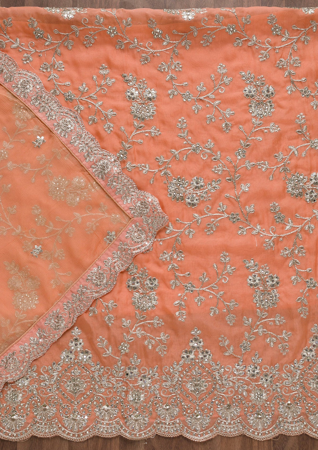 Peach Silver Zariwork Tissue Unstitched Salwar Suit-Koskii