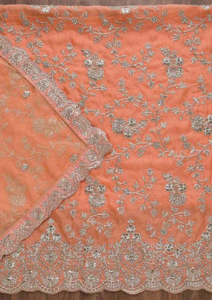Peach Silver Zariwork Tissue Unstitched Salwar Suit-Koskii