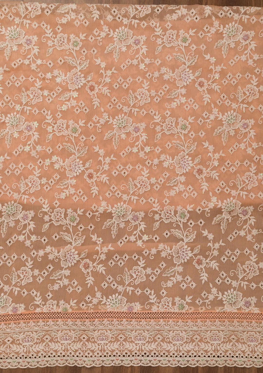 Peach Threadwork Chiffon Unstitched Salwar Suit-Koskii