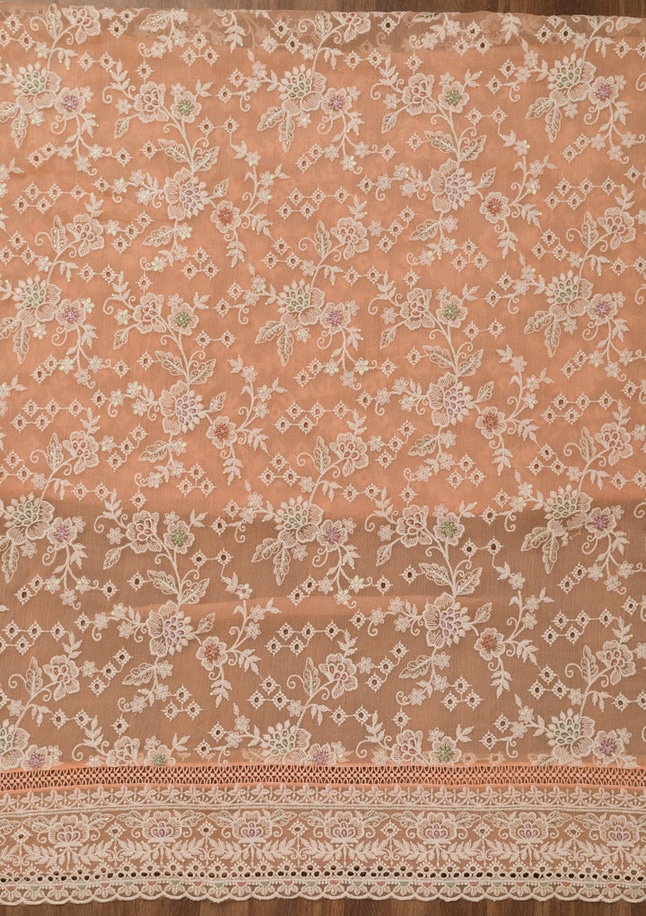 Peach Threadwork Chiffon Unstitched Salwar Suit-Koskii