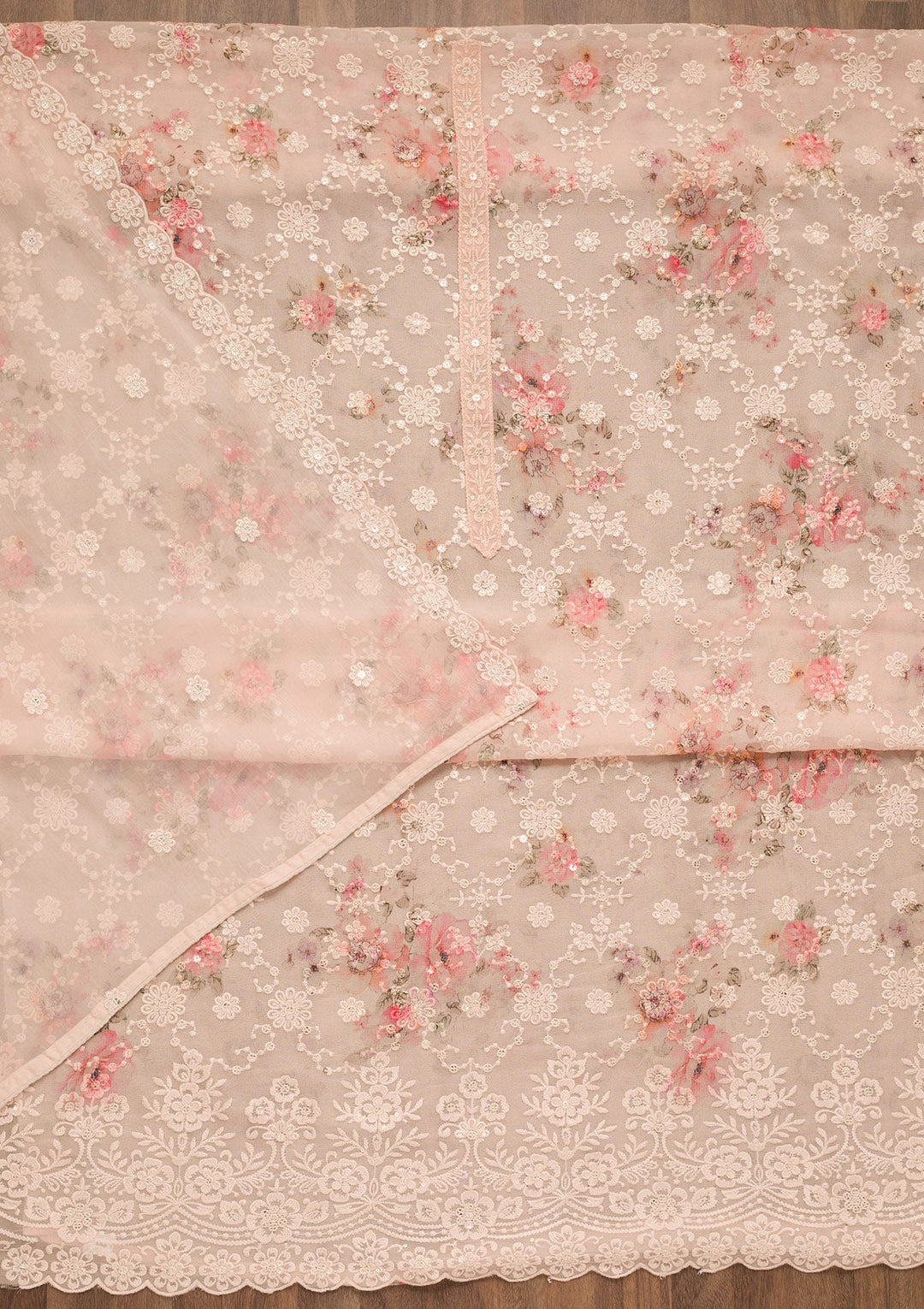 Peach Threadwork Georgette Unstitched Salwar Suit-Koskii