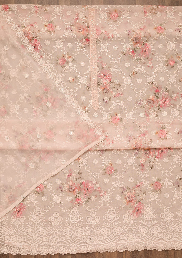 Peach Threadwork Georgette Unstitched Salwar Suit-Koskii