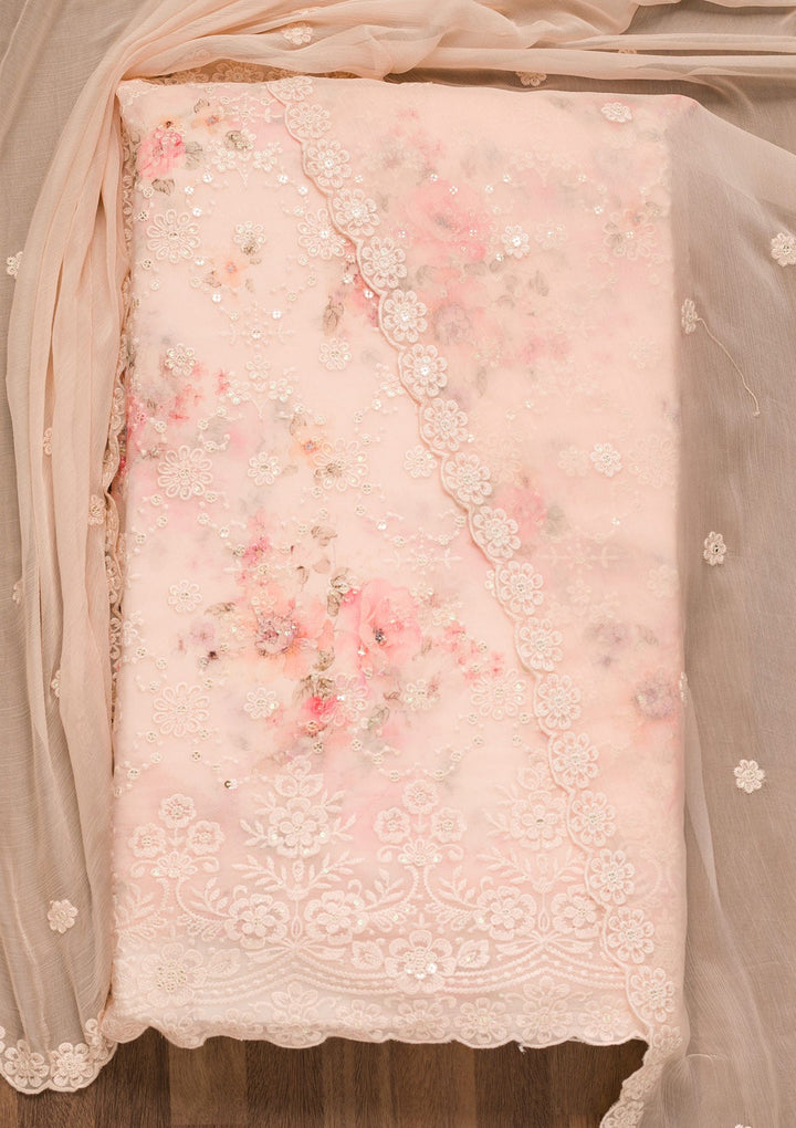 Peach Threadwork Georgette Unstitched Salwar Suit-Koskii