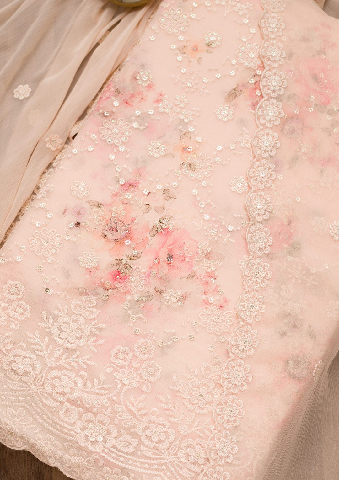 Peach Threadwork Georgette Unstitched Salwar Suit-Koskii
