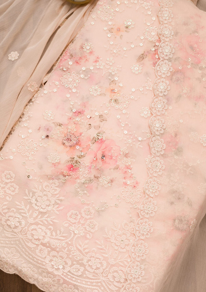 Peach Threadwork Georgette Unstitched Salwar Suit-Koskii