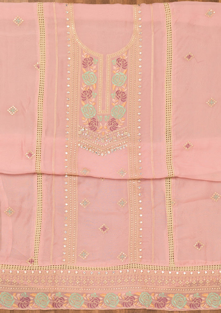 Peach Threadwork Georgette Unstitched Salwar Suit-Koskii