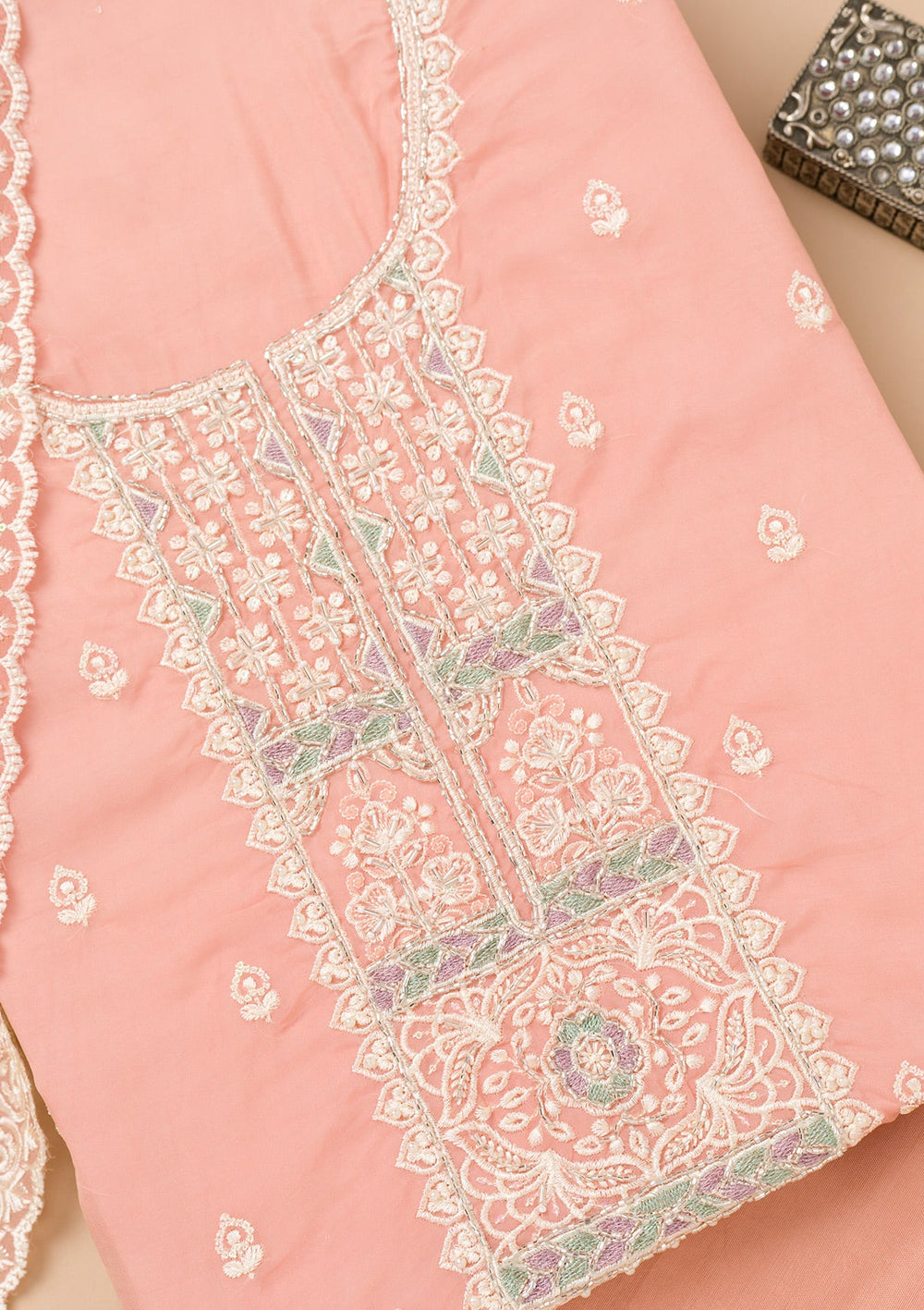 Peach Threadwork Organza Unstitched Salwar Kameez-Koskii