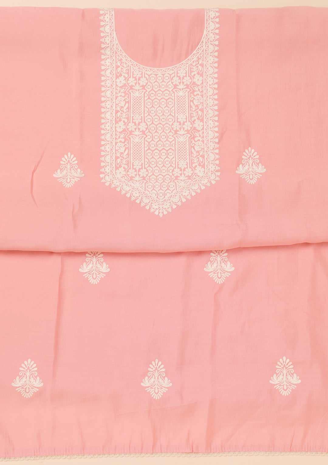 Peach Threadwork Semi Crepe Unstitched Salwar Suit-Koskii