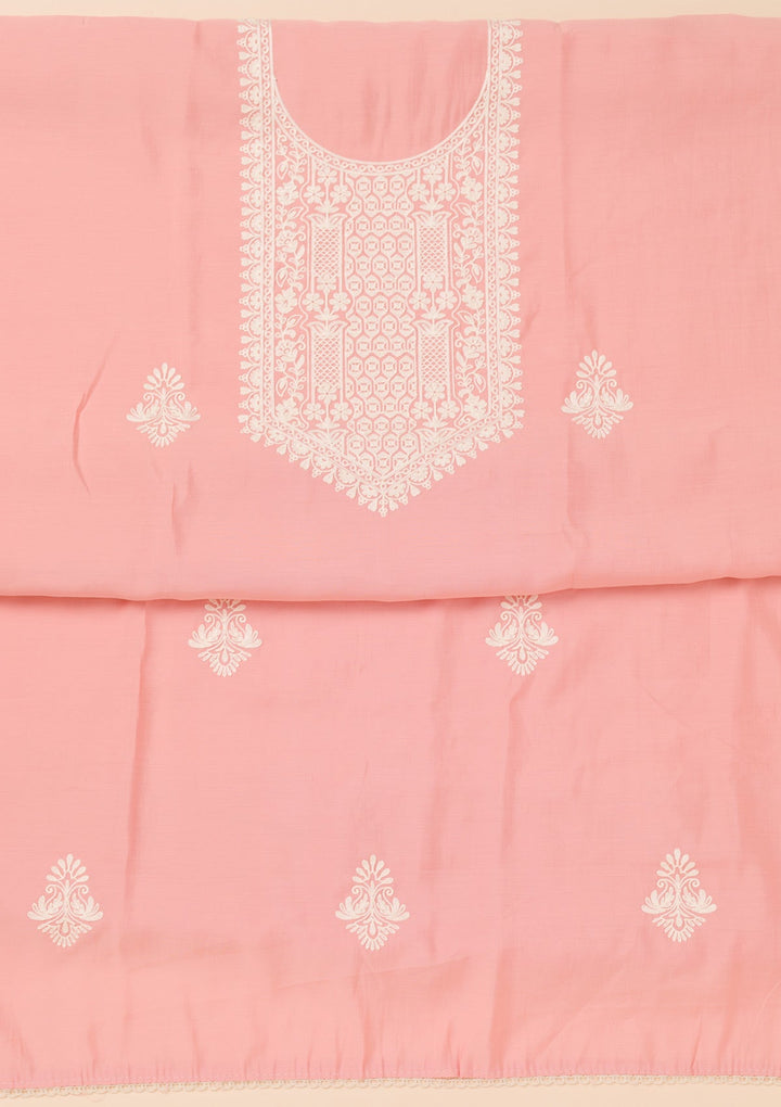 Peach Threadwork Semi Crepe Unstitched Salwar Suit-Koskii