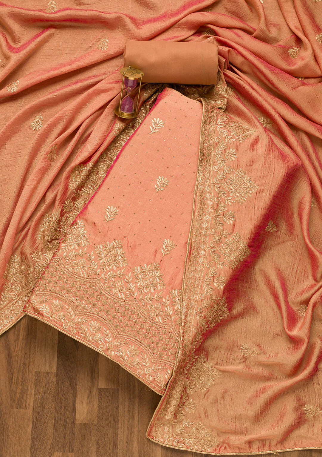 Peach Zariwork Art Silk Unstitched Salwar Suit-Koskii