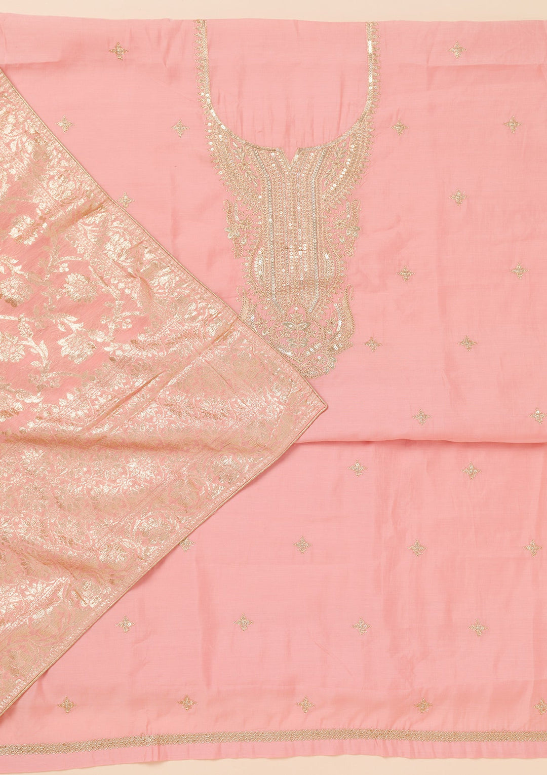 Peach Zariwork Chanderi Unstitched Salwar Suit-Koskii