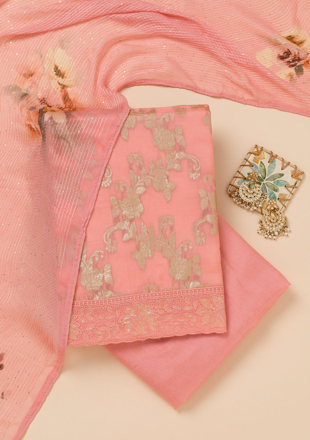 Peach Zariwork Georgette Unstitched Salwar Suit-Koskii