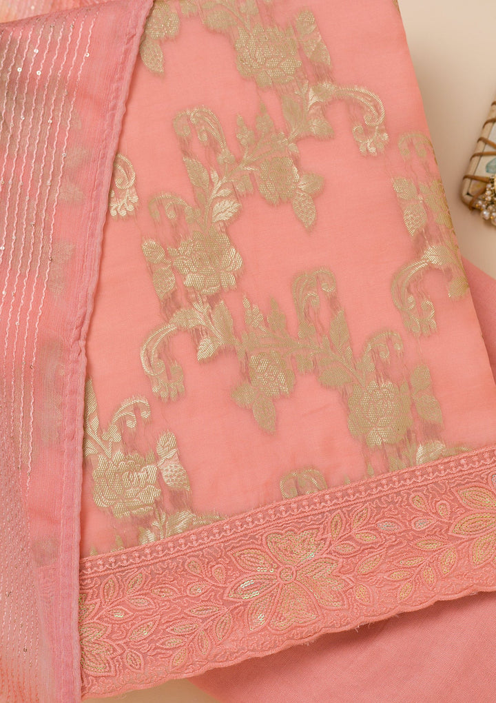 Peach Zariwork Georgette Unstitched Salwar Suit-Koskii