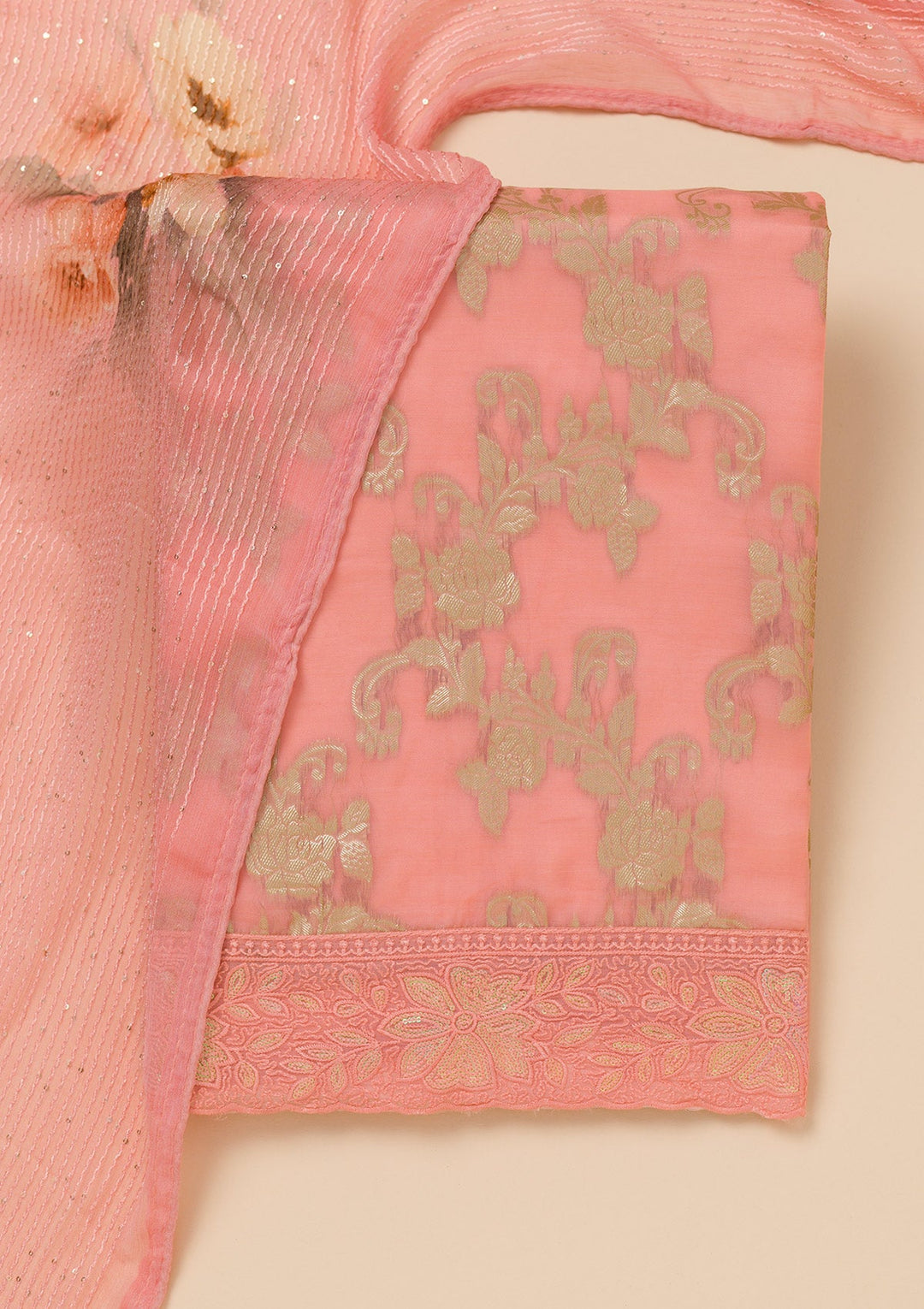 Peach Zariwork Georgette Unstitched Salwar Suit-Koskii