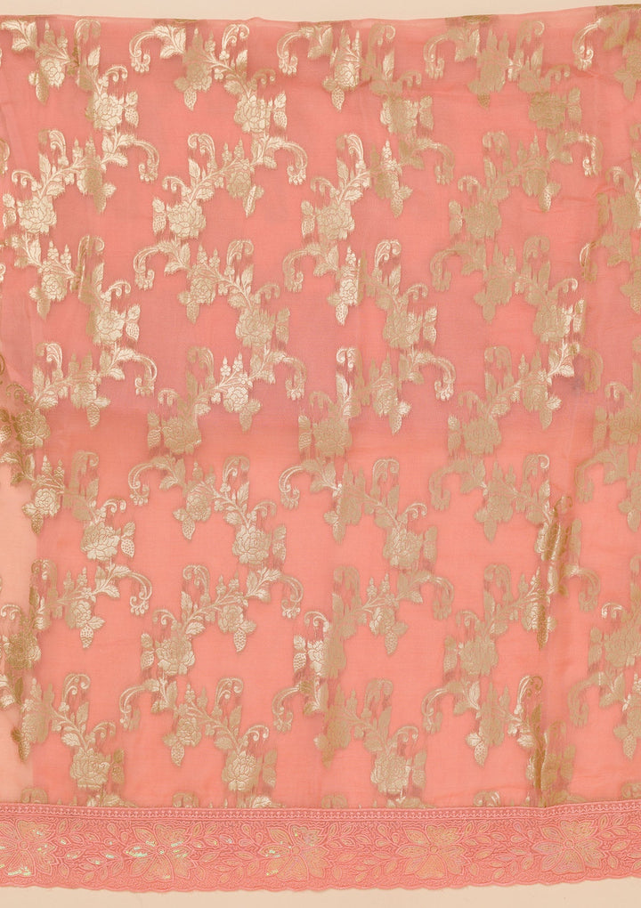 Peach Zariwork Georgette Unstitched Salwar Suit-Koskii