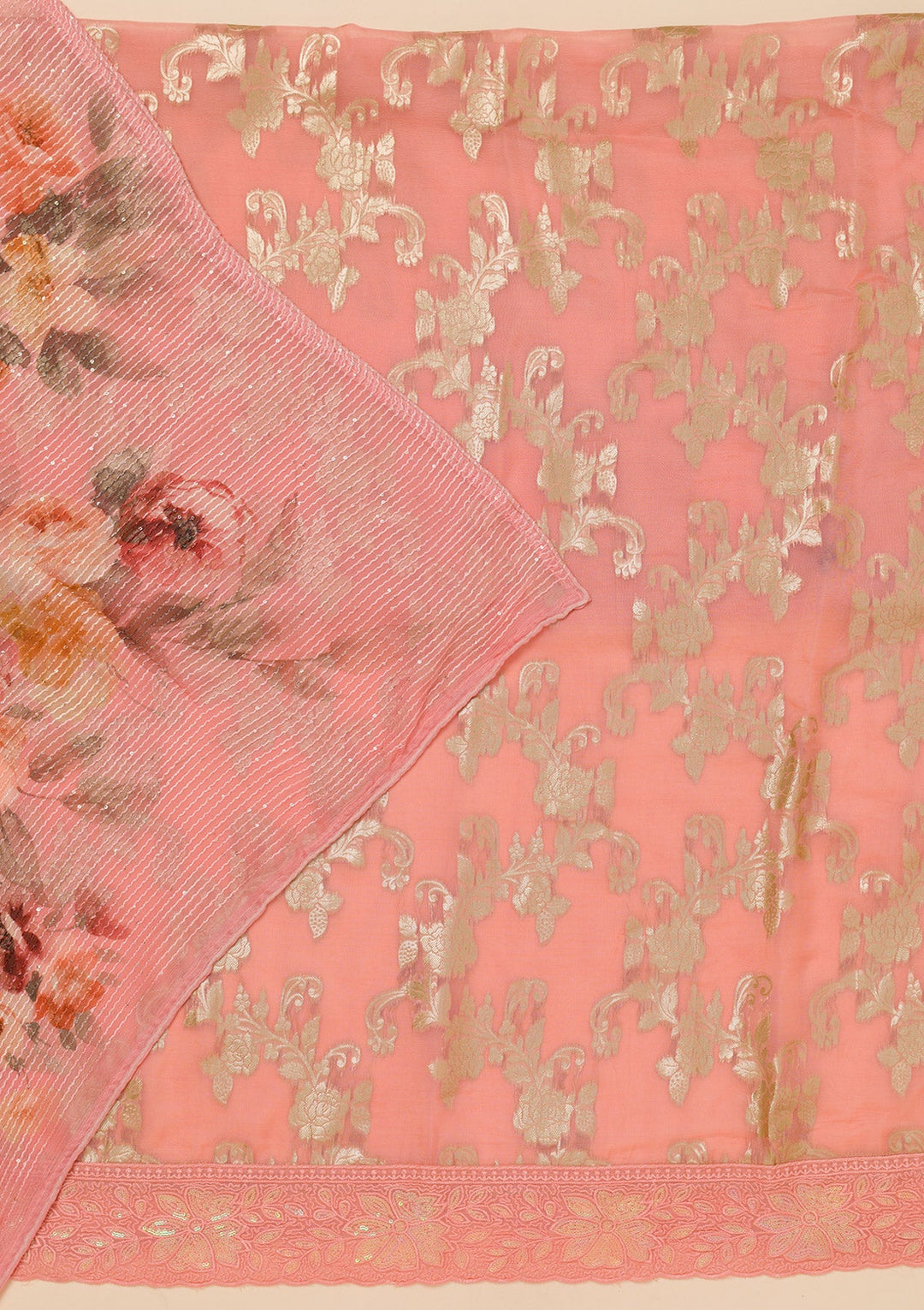 Peach Zariwork Georgette Unstitched Salwar Suit-Koskii