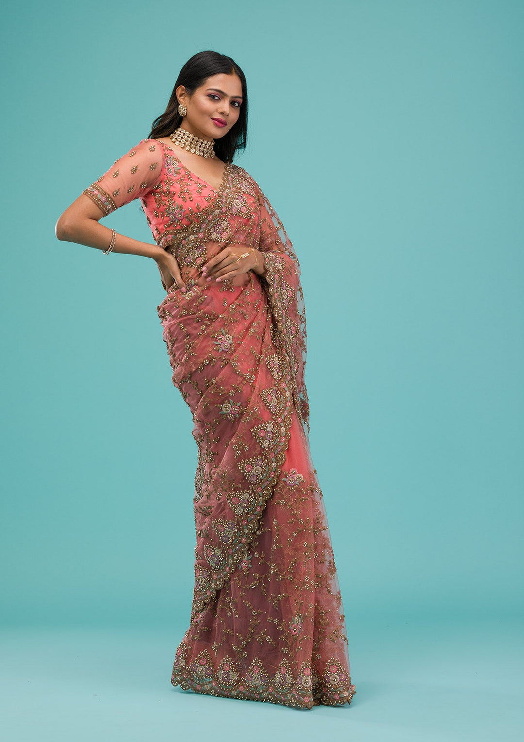 Peach Zariwork Net Saree-Koskii