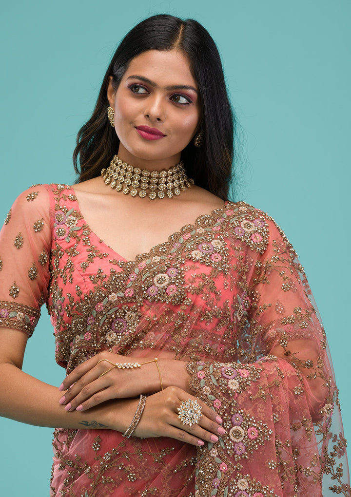 Peach Zariwork Net Saree-Koskii