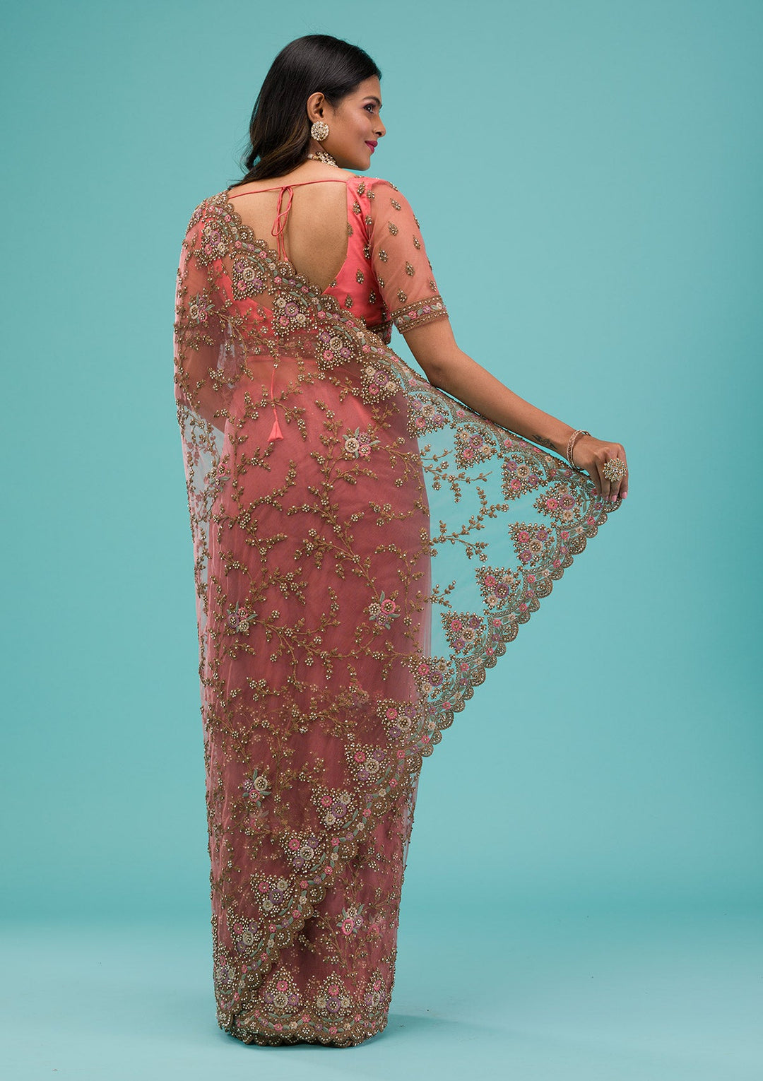 Peach Zariwork Net Saree-Koskii