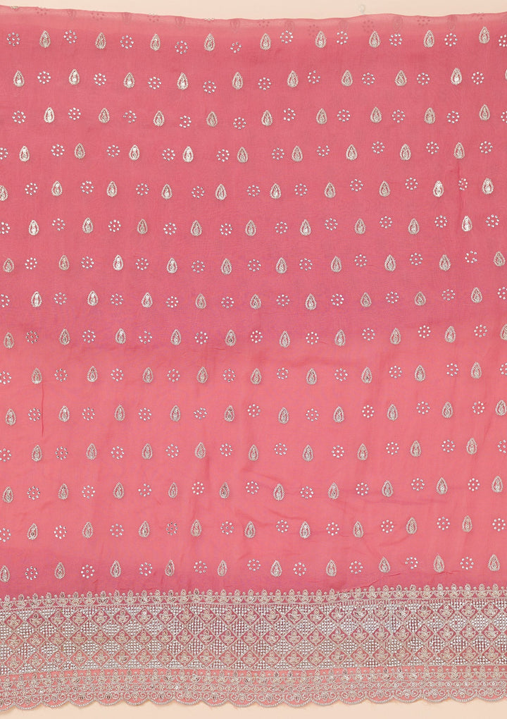 Peach Zariwork Organza Unstitched Salwar Suit-Koskii