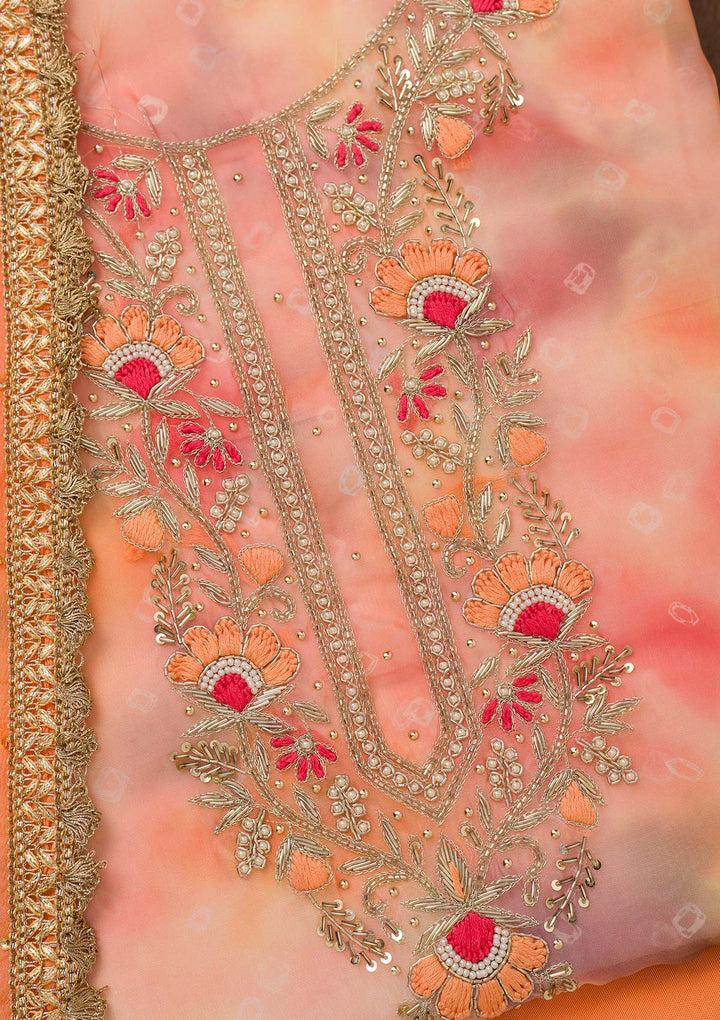 Peach Zariwork Organza Unstitched Salwar Suit-Koskii