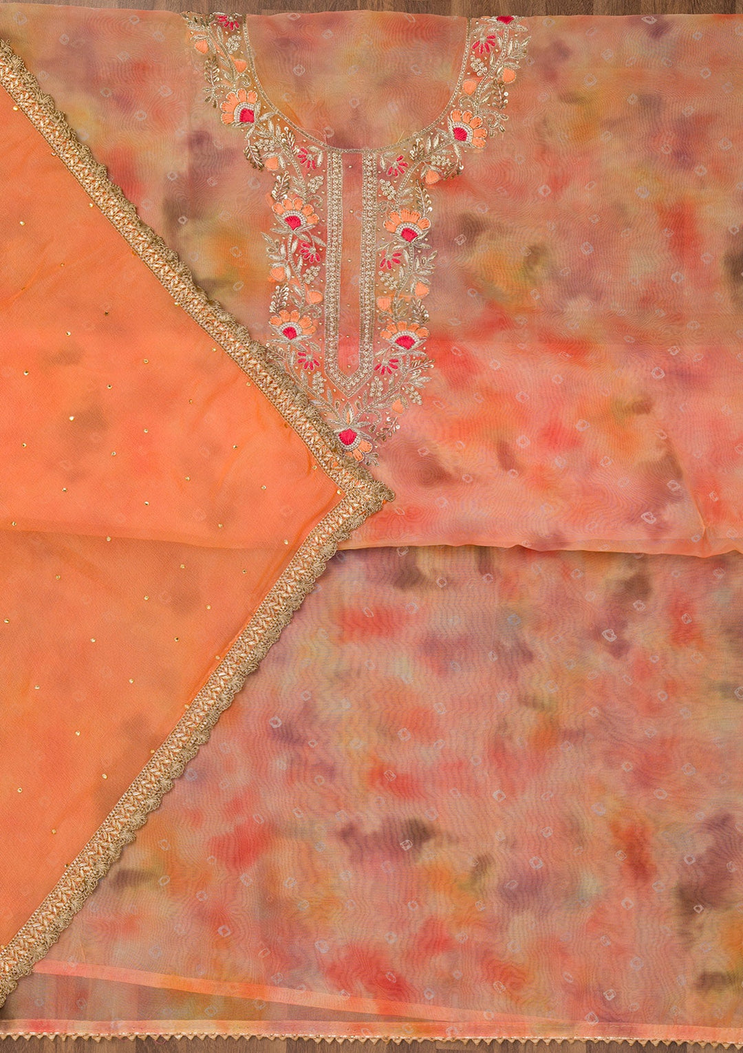 Peach Zariwork Organza Unstitched Salwar Suit-Koskii