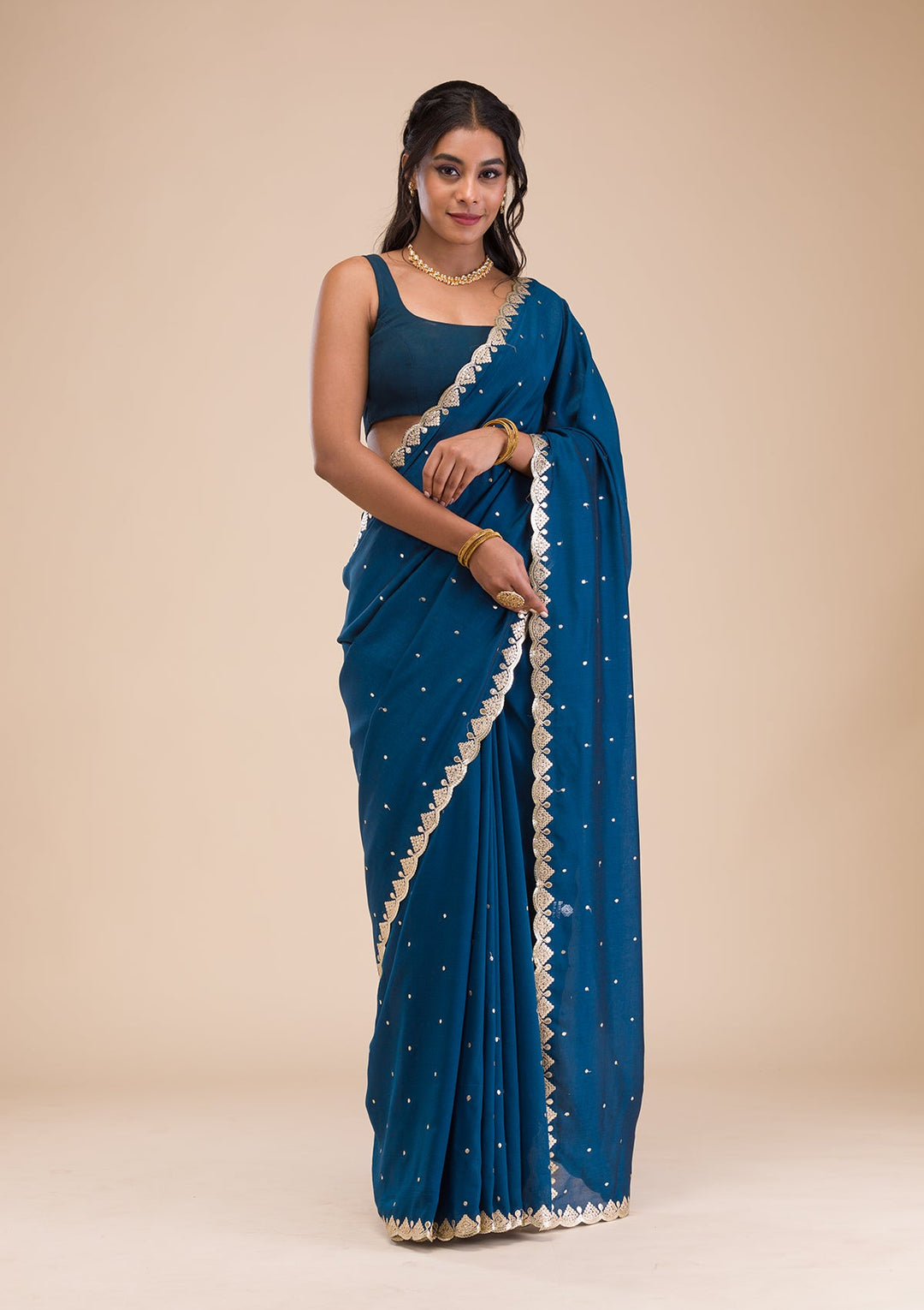 Peacock Blue Gotapatti Raw Silk Saree-Koskii