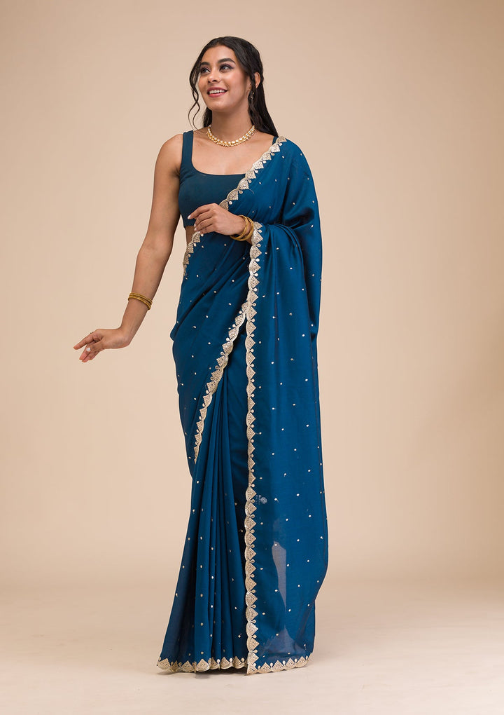 Peacock Blue Gotapatti Raw Silk Saree-Koskii
