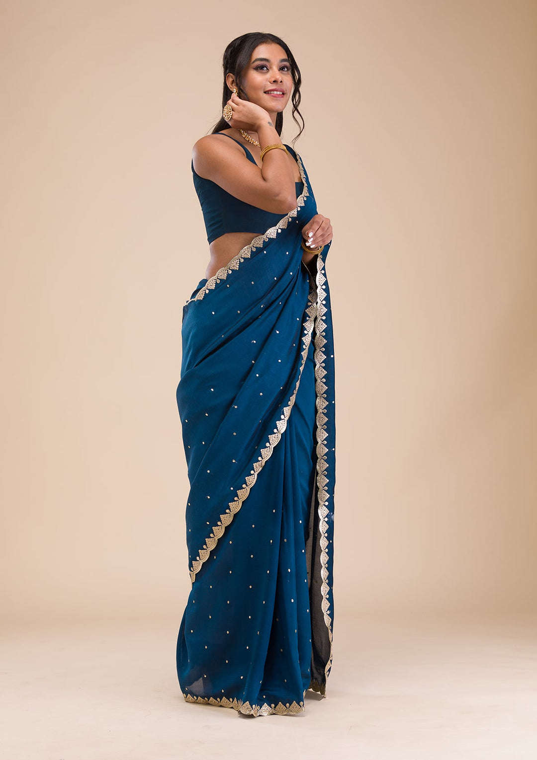 Peacock Blue Gotapatti Raw Silk Saree-Koskii