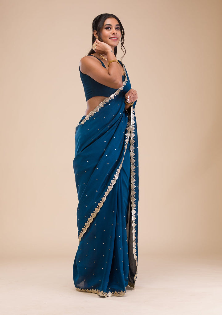 Peacock Blue Gotapatti Raw Silk Saree-Koskii