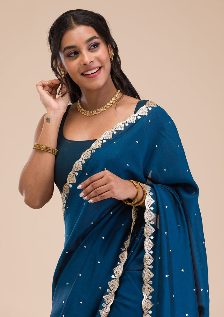 Peacock Blue Gotapatti Raw Silk Saree-Koskii