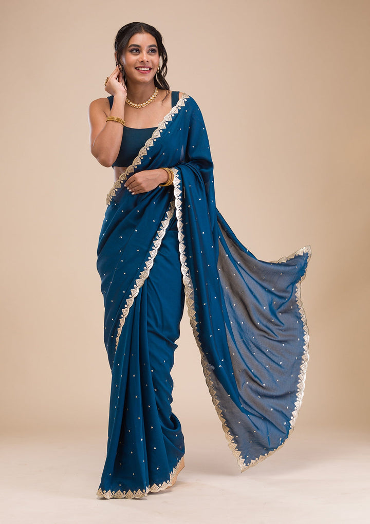 Peacock Blue Gotapatti Raw Silk Saree-Koskii
