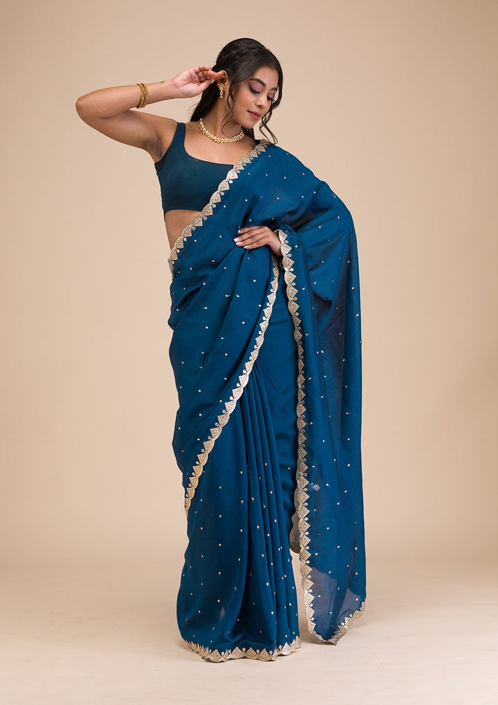 Peacock Blue Gotapatti Raw Silk Saree-Koskii