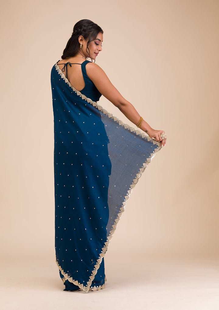 Peacock Blue Gotapatti Raw Silk Saree-Koskii